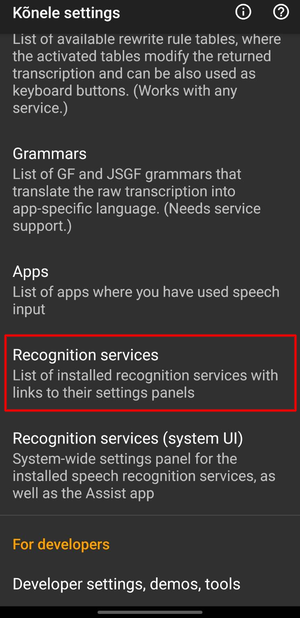 Konele settings - tap Recognition services